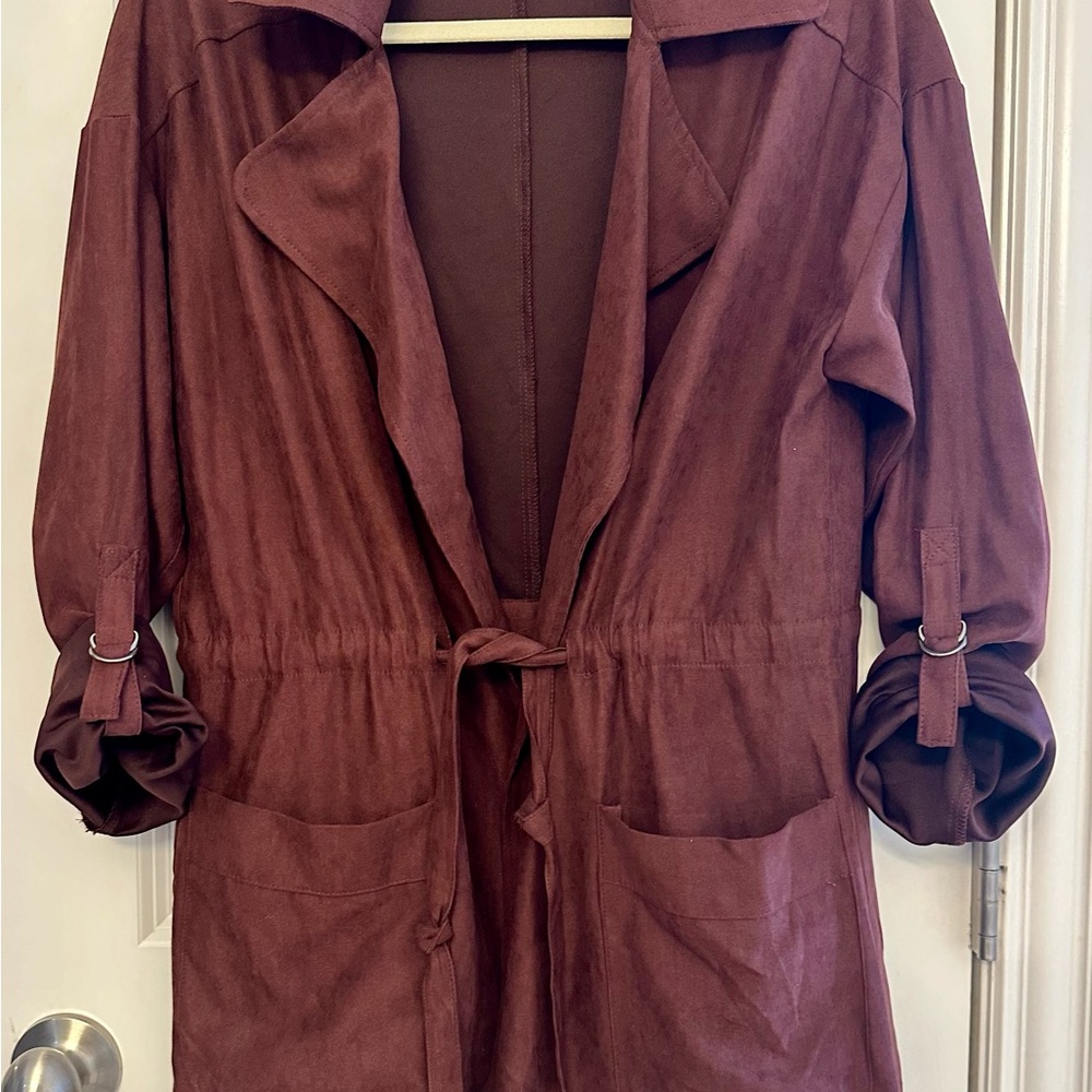 Burgandy Blazer with Lapel Collar and Waist Tie - Picture 2 of 5